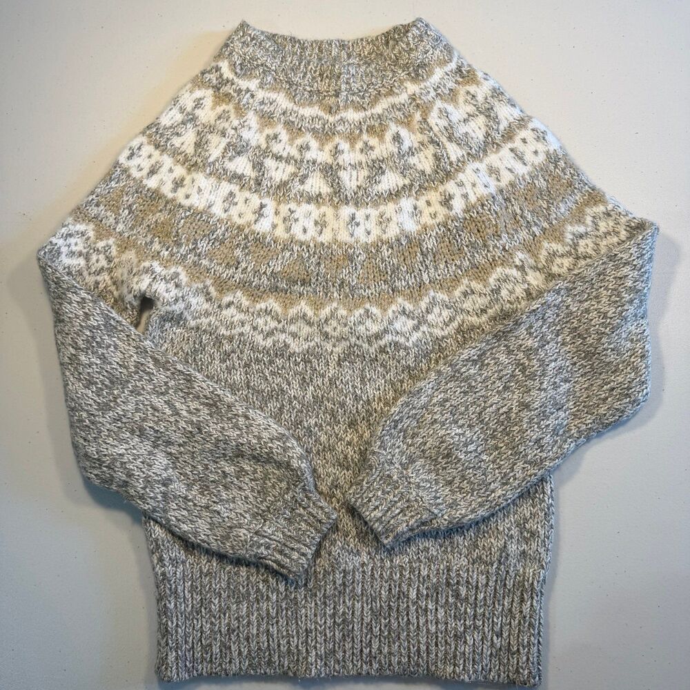 LOFT Fair Isle Mock Neck Knit Sweater Womens XS Beige Ivory Nordic Cozy Pullover